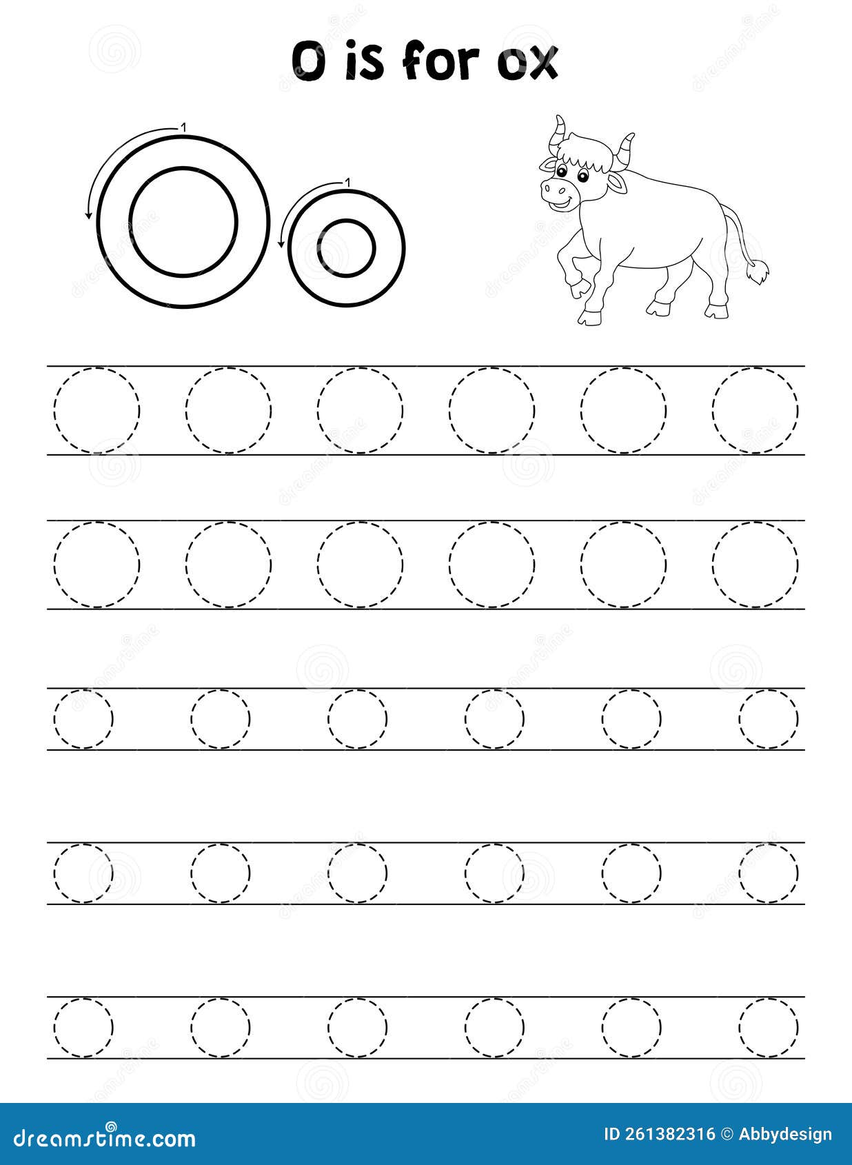 Ox animal tracing letter abc coloring page o stock vector