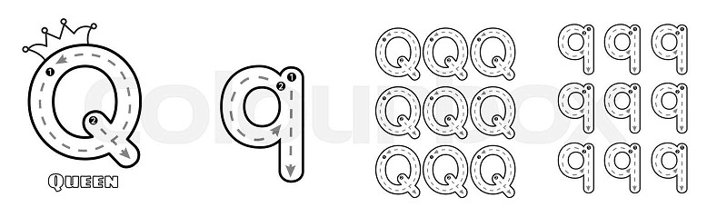Letter q trace uppercase and lowercase abc alphabet worksheet for kids english vocabulary handwriting tracing practice vector illustration stock vector