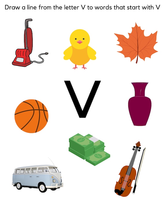 Letter v coloring page sound identification and tracing download now