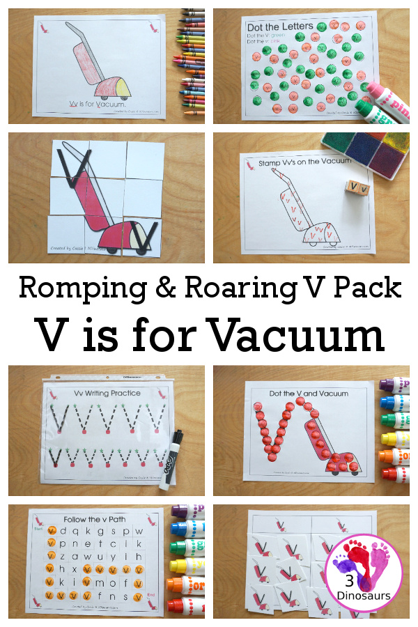 Free romping roaring v pack printable letter v is for vacuum dinosaurs