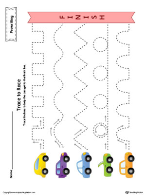 Free prewriting line tracing to race worksheet in color