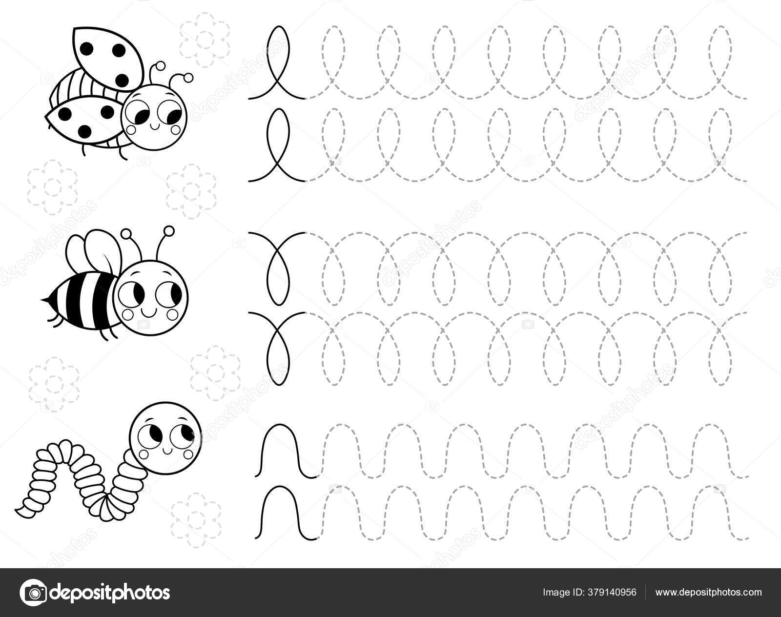 Tracing lines handwriting practice sheet preschool children cute insects coloring stock vector by elenaparshina