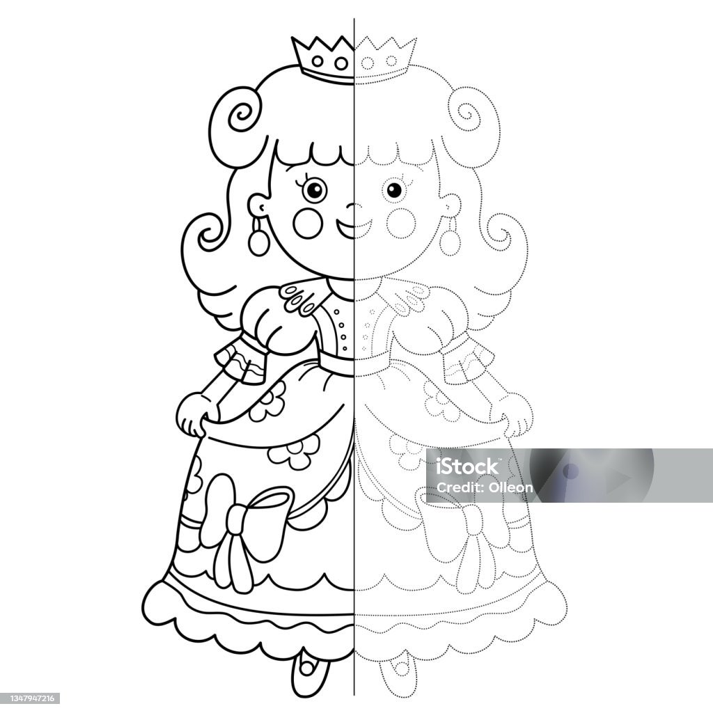 Draw symmetrically connect the dots picture tracing worksheet coloring page outline of cartoon lovely princess beautiful young queen cinderella fairy tale hero coloring book for kids stock illustration