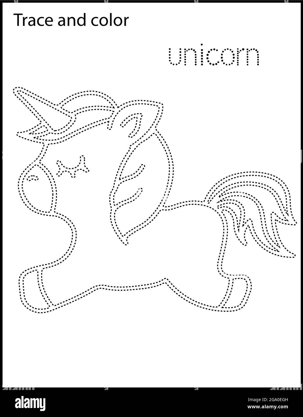 Printable coloring page for kindergarten and preschool tracing animal and names stock photo