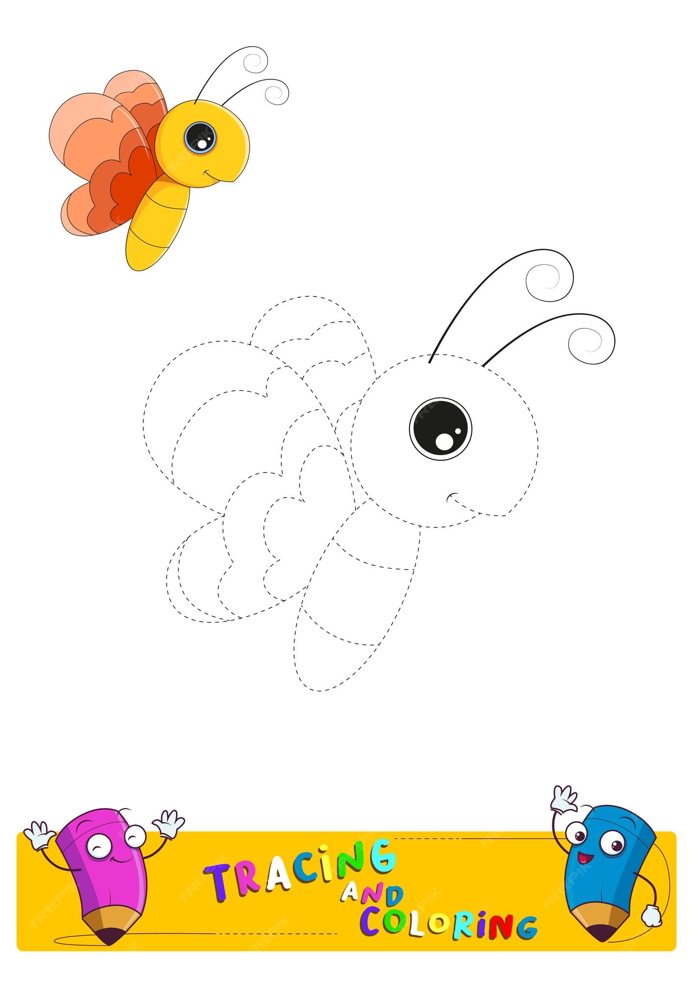 Premium vector cute butterfly trace lines drawing and coloring practice worksheet for kids