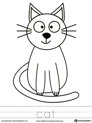Free cat coloring page and word tracing
