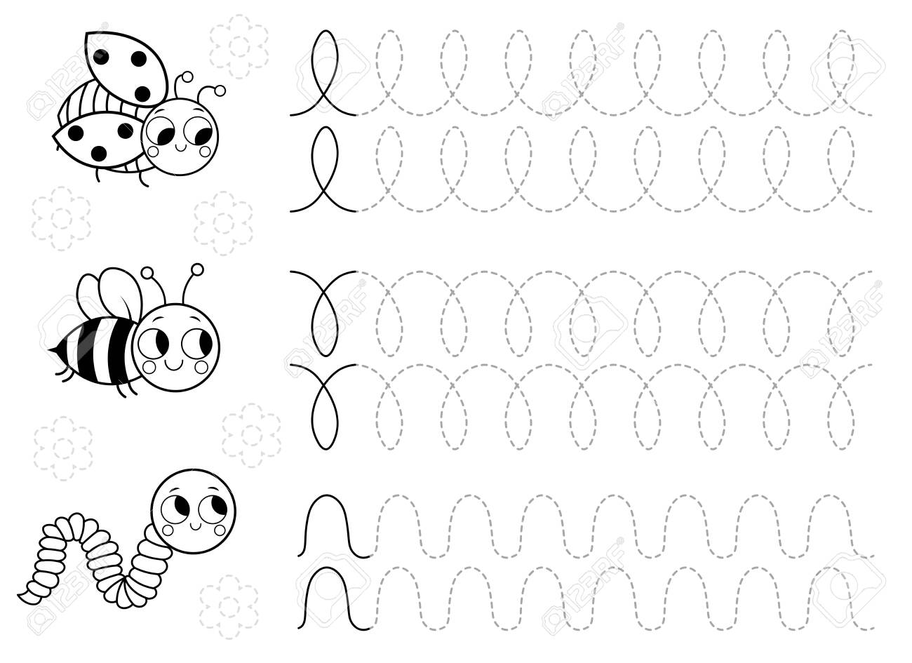 Tracing lines and handwriting practice sheet for preschool children with cute insects for coloring writing training printable worksheet with with wavy lines on white background black and white royalty free svg cliparts