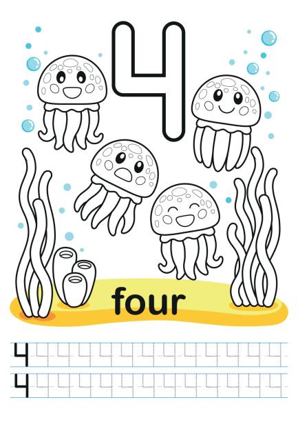 Coloring printable worksheet for kindergarten and preschool training exercises for writing numbers underwater background with marine life corals and algae a bright large number and samples for writing stock illustration