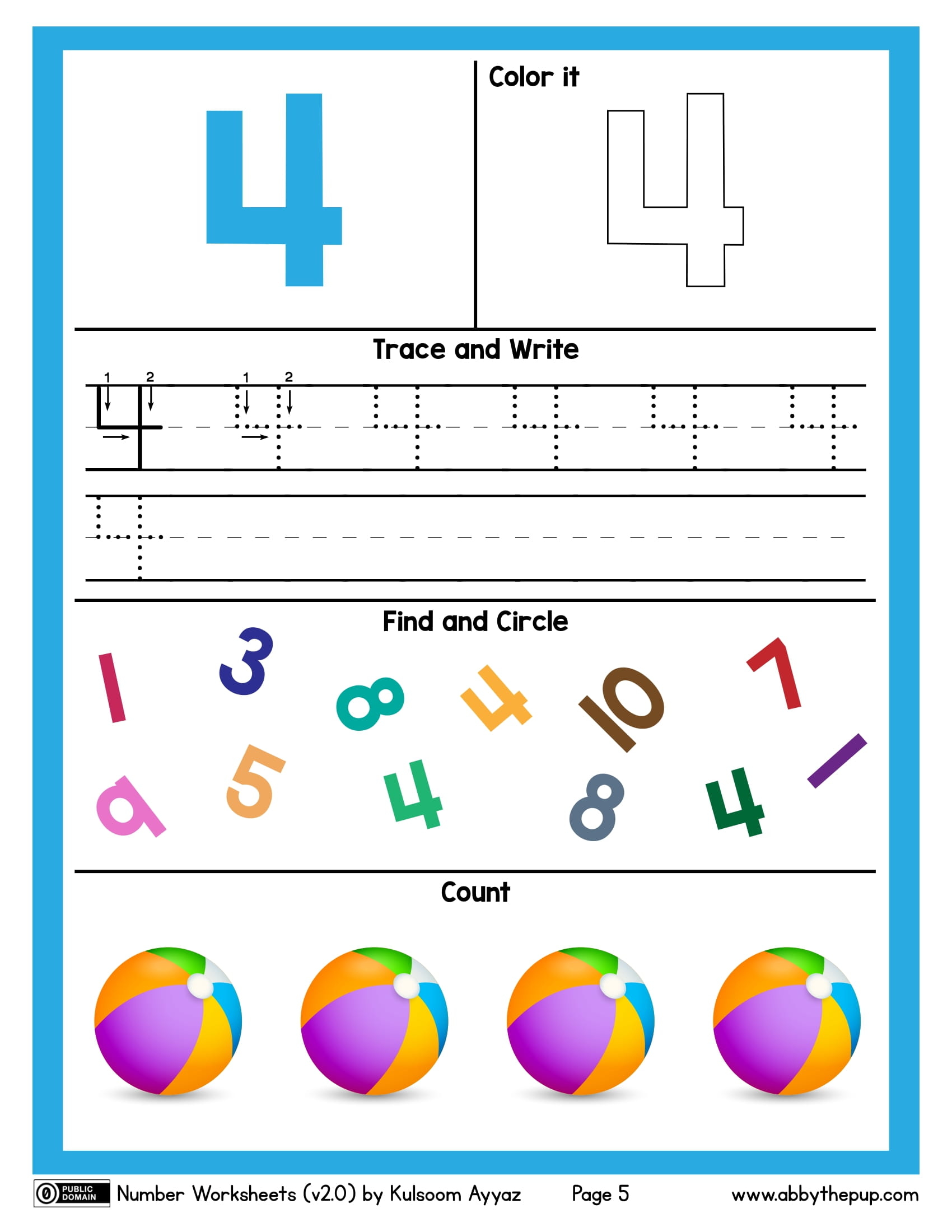 Number color trace write find and count worksheet free printable puzzle games