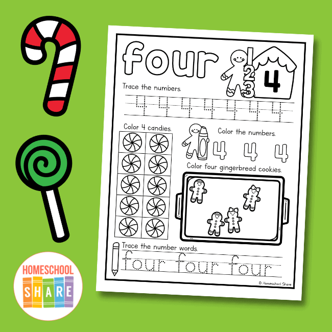 Gingerbread number tracing pages