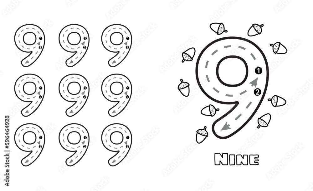 Number nine trace practice worksheet for prek kids and toddlers handwriting preschool kindergarten tracing vector illustration of vector