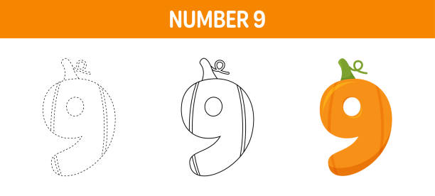 Number pumpkin tracing and coloring worksheet for kids stock illustration