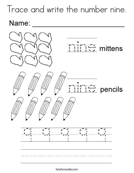 Trace and write the number nine coloring page