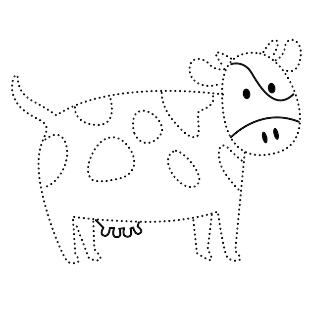 Premium vector cow animal dotted line practice draw cartoon doodle kawaii anime coloring page cute illustration