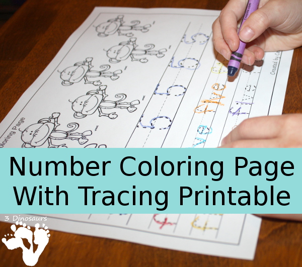 Free number coloring tracing printable with numbers to dinosaurs