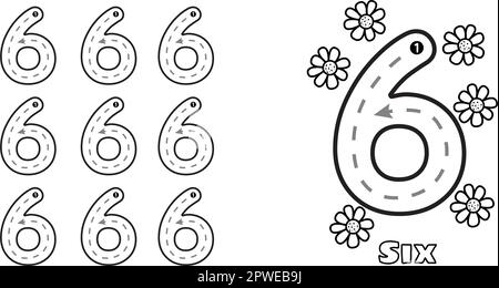Number six trace practice worksheet for prek kids and toddlers handwriting preschool kindergarten tracing vector illustration stock vector image art