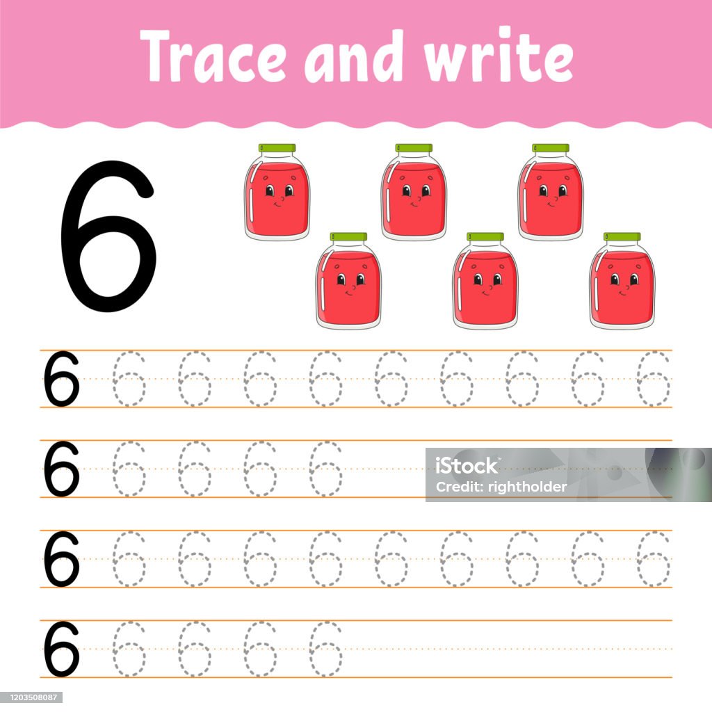 Number trace and write handwriting practice learning numbers for kids education developing worksheet color activity page isolated vector illustration in cute cartoon style stock illustration