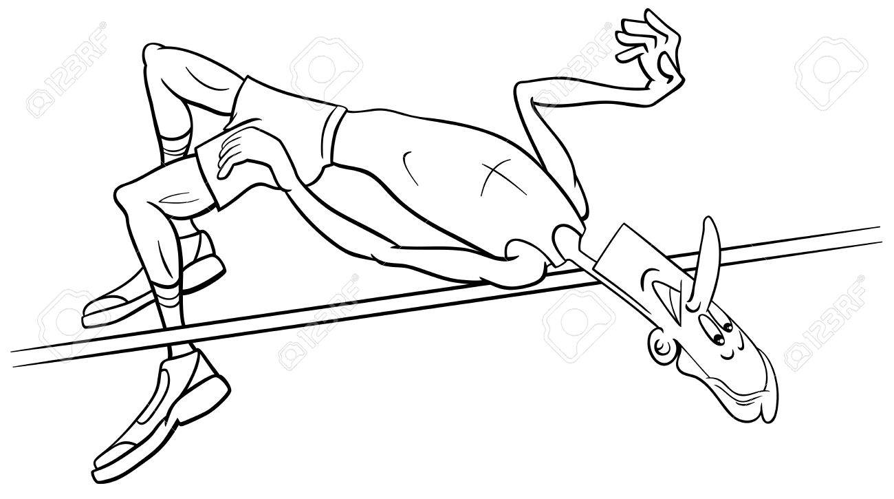 Black and white cartoon illustrations of high jump sportsman or athlete training coloring page royalty free svg cliparts vectors and stock illustration image