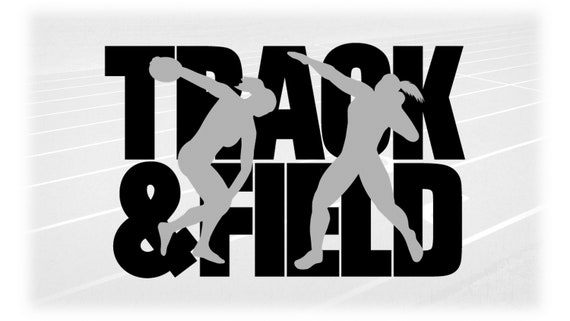 Sports clipart words track field with overlay of silhouettes of female discus and shot put throwers digital download svg png dxf pdf