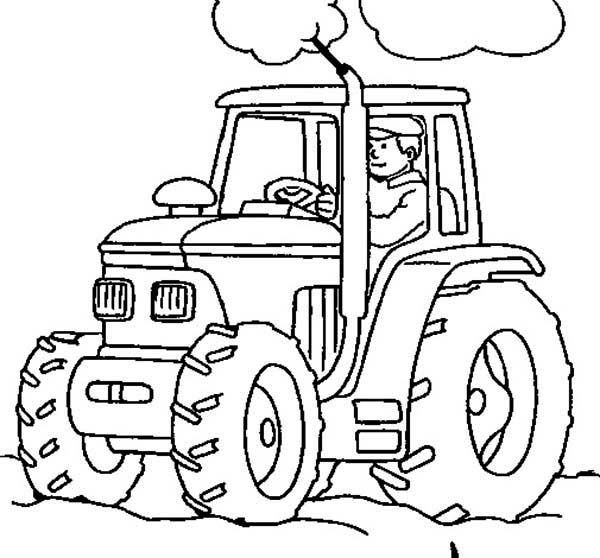 Farmer working with tractor coloring page