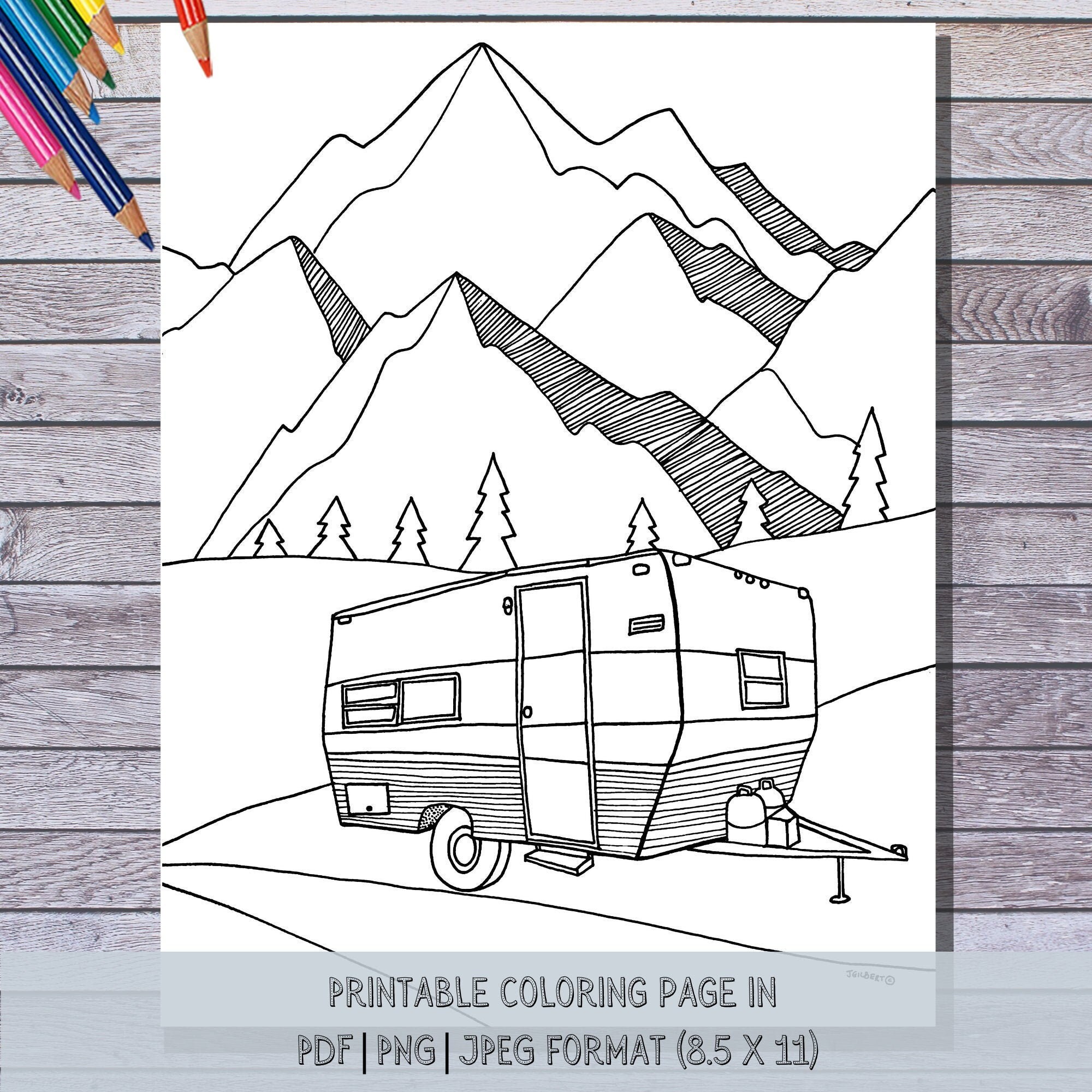 Vintage camper coloring page pdf png jpeg terry trailer camping gifts coloring pages for adults