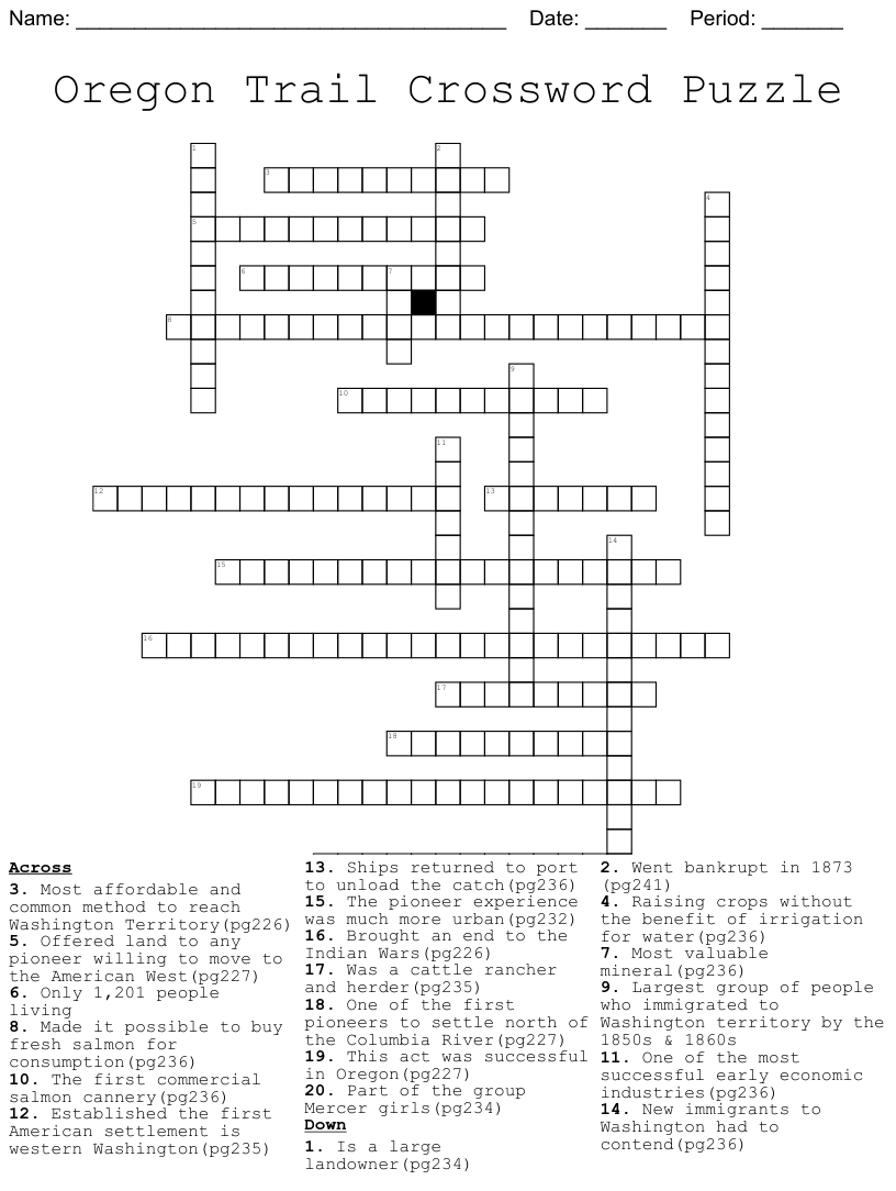 Oregon trail crossword puzzle