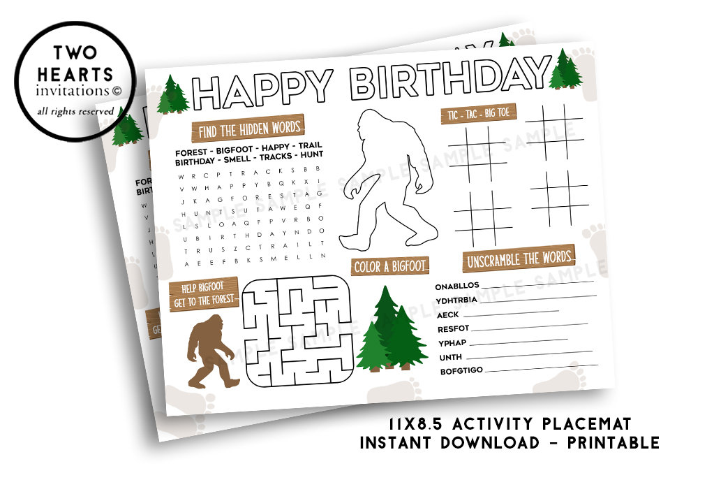 Bigfoot activity sheet coloring page printable instant download x birthday party kids game placemat sasquatch