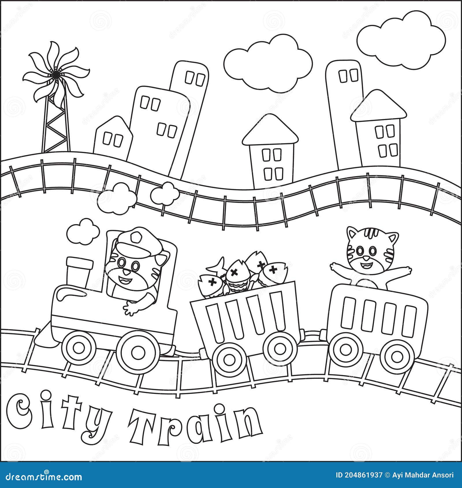 Funny animals cartoon on train coloring book or page creative vector childish design for kids activity colouring book or page stock vector