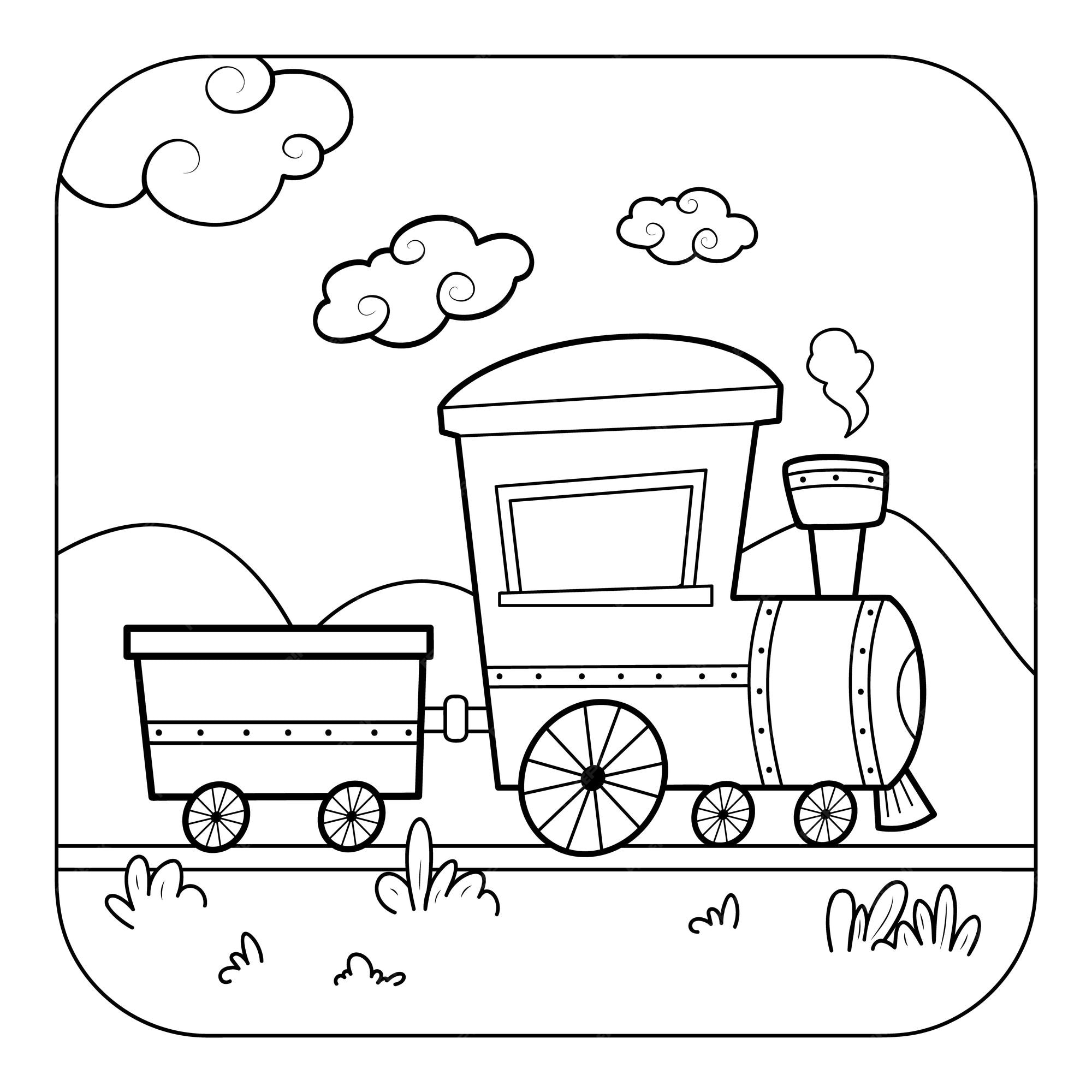Premium vector train black and white coloring book or coloring page for kids nature background