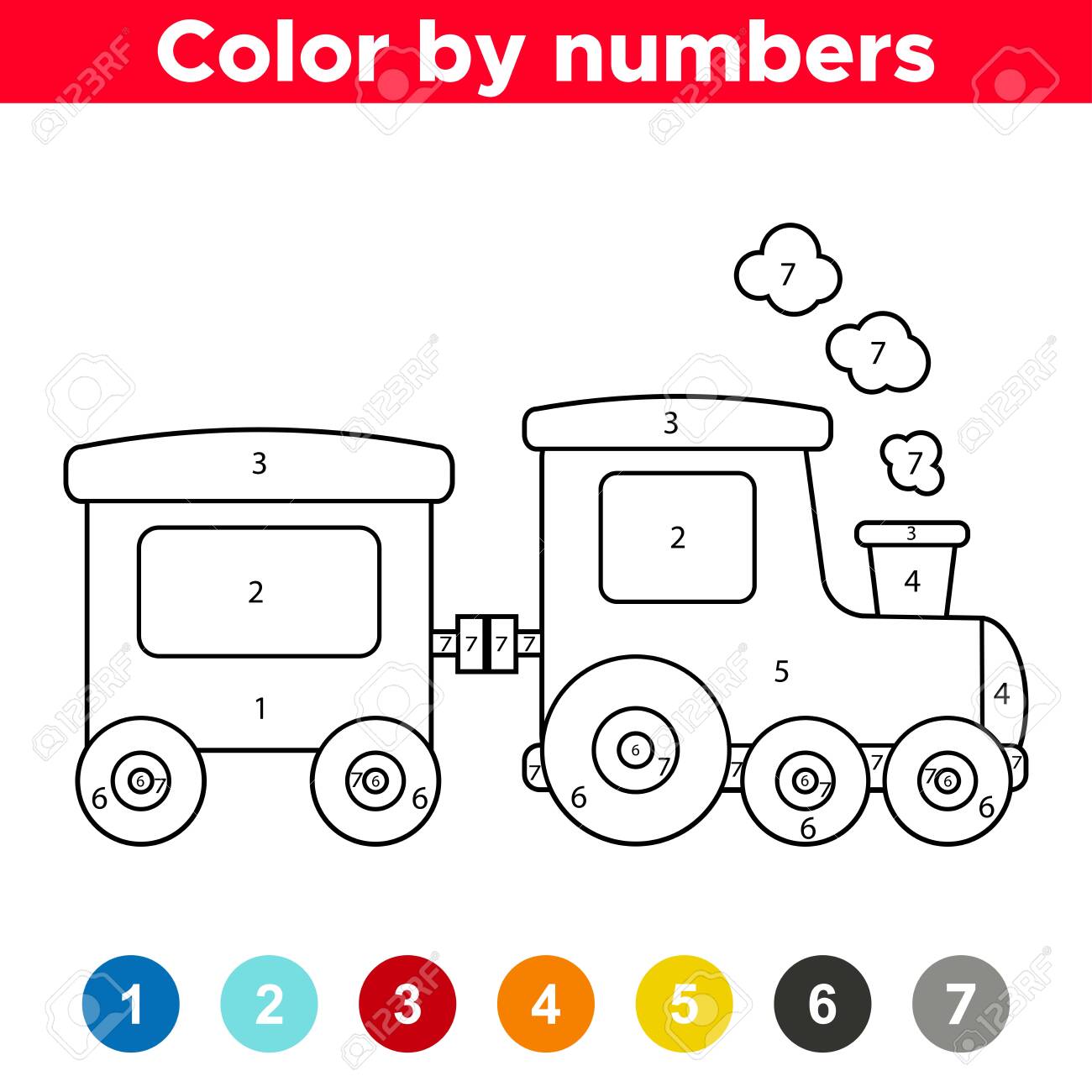 Educational game for preschool kidscoloring by numbers vector cartoon train royalty free svg cliparts vectors and stock illustration image