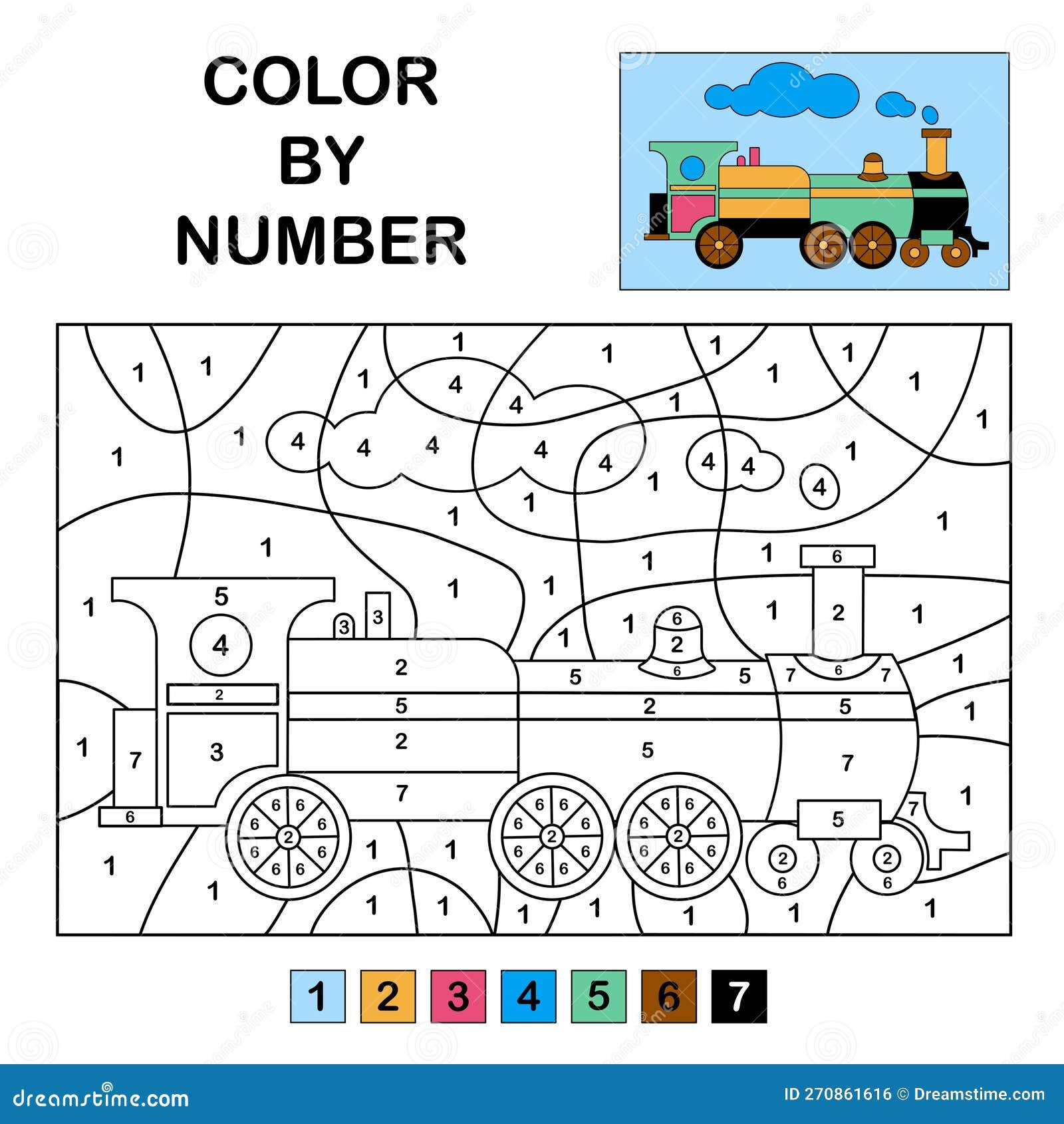 Colour by numbers the green train stock vector