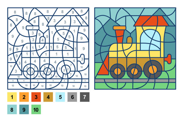 Puzzle game train lootive color by number sheet for children vector coloring page for learning numbers stock illustration