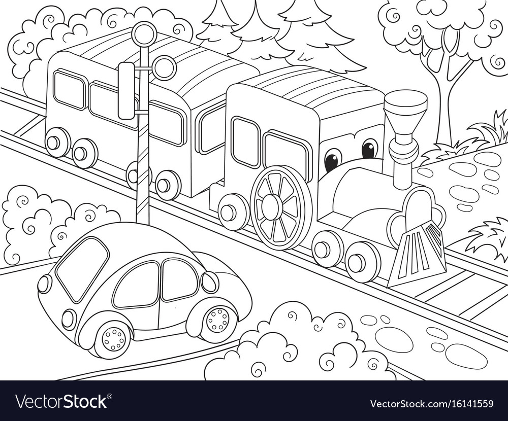 Cartoon train and car coloring book royalty free vector