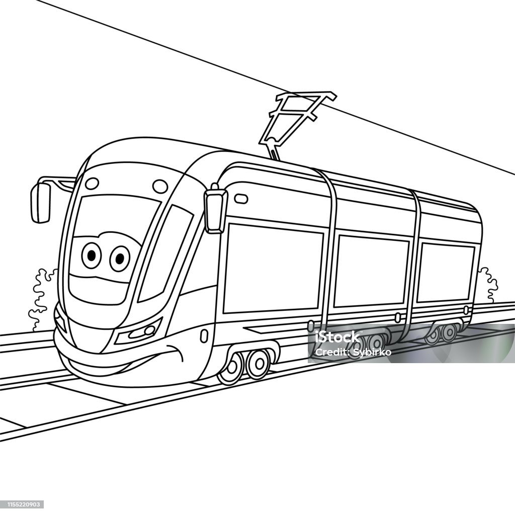 Coloring page of cartoon trolley car on railroad stock illustration