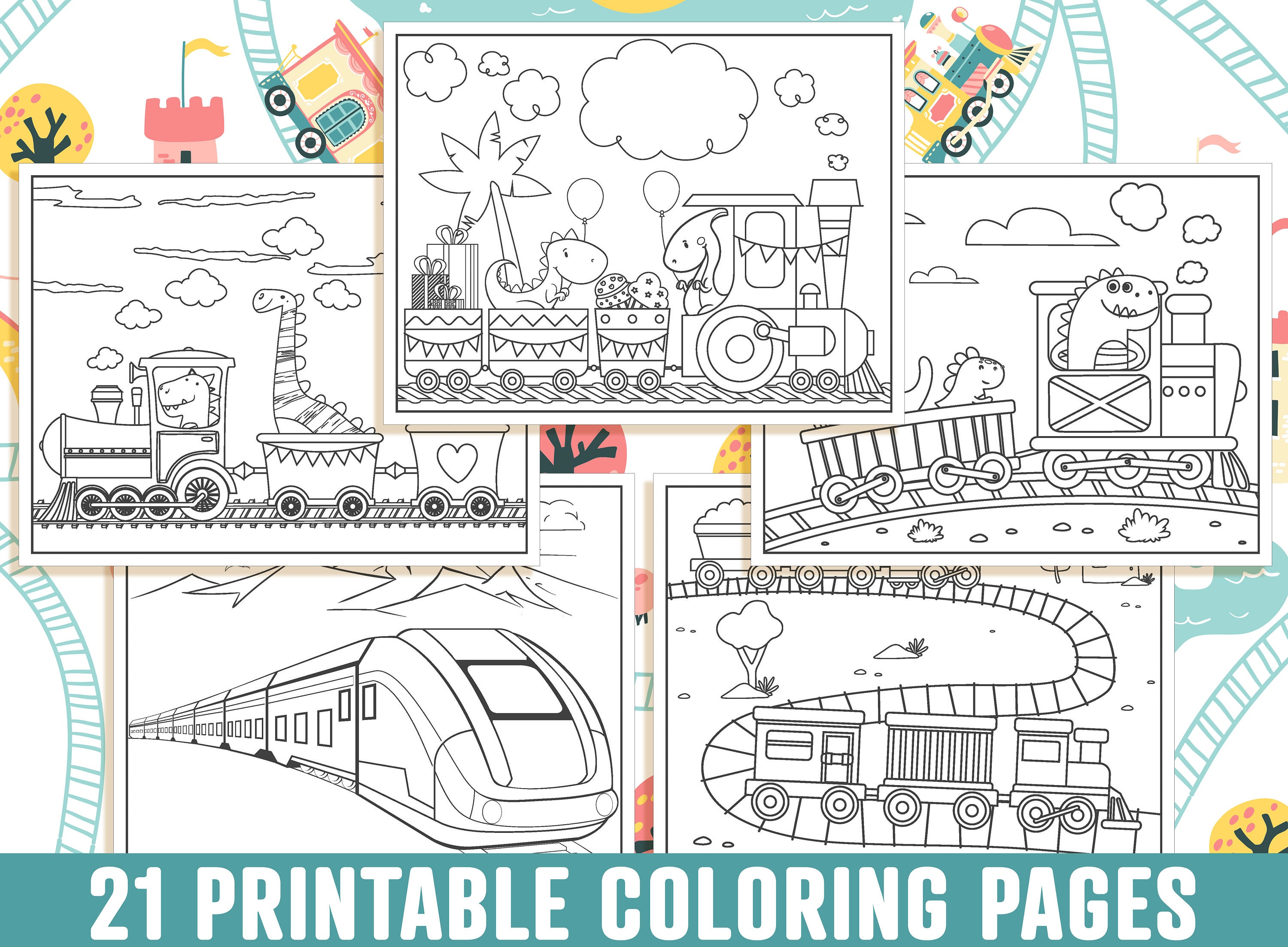 Train coloring pages printable train coloring pages for kids boys girls dinosaur and train birthday party activity instant download download now