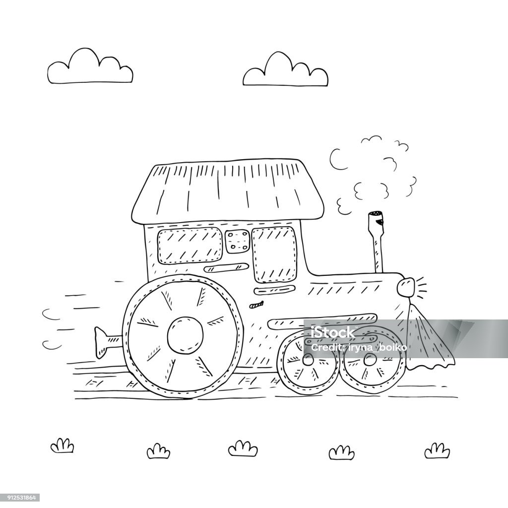 Hand drawn page for coloring book with train cartoon vector illustration printable templates stock illustration