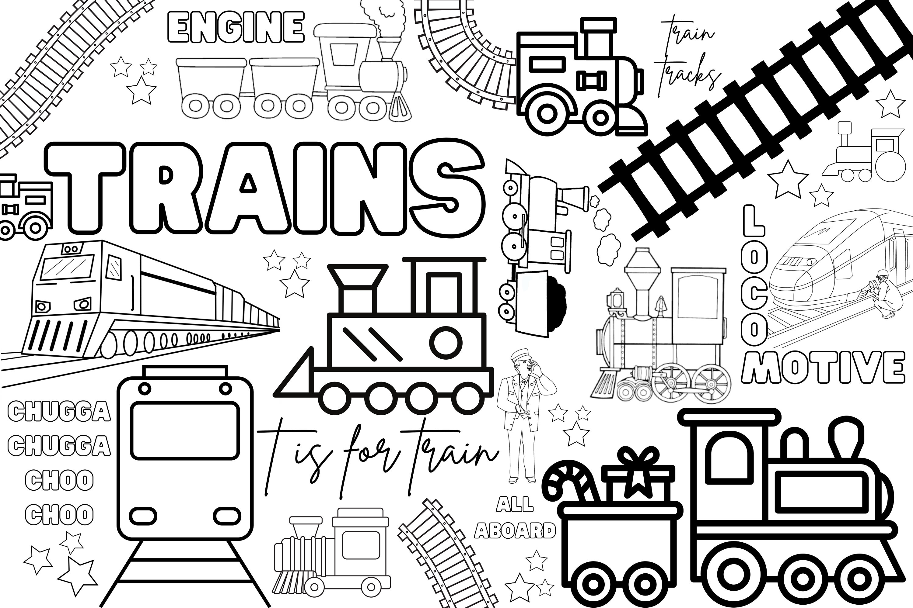Huge printed trains coloring poster for kids adults great