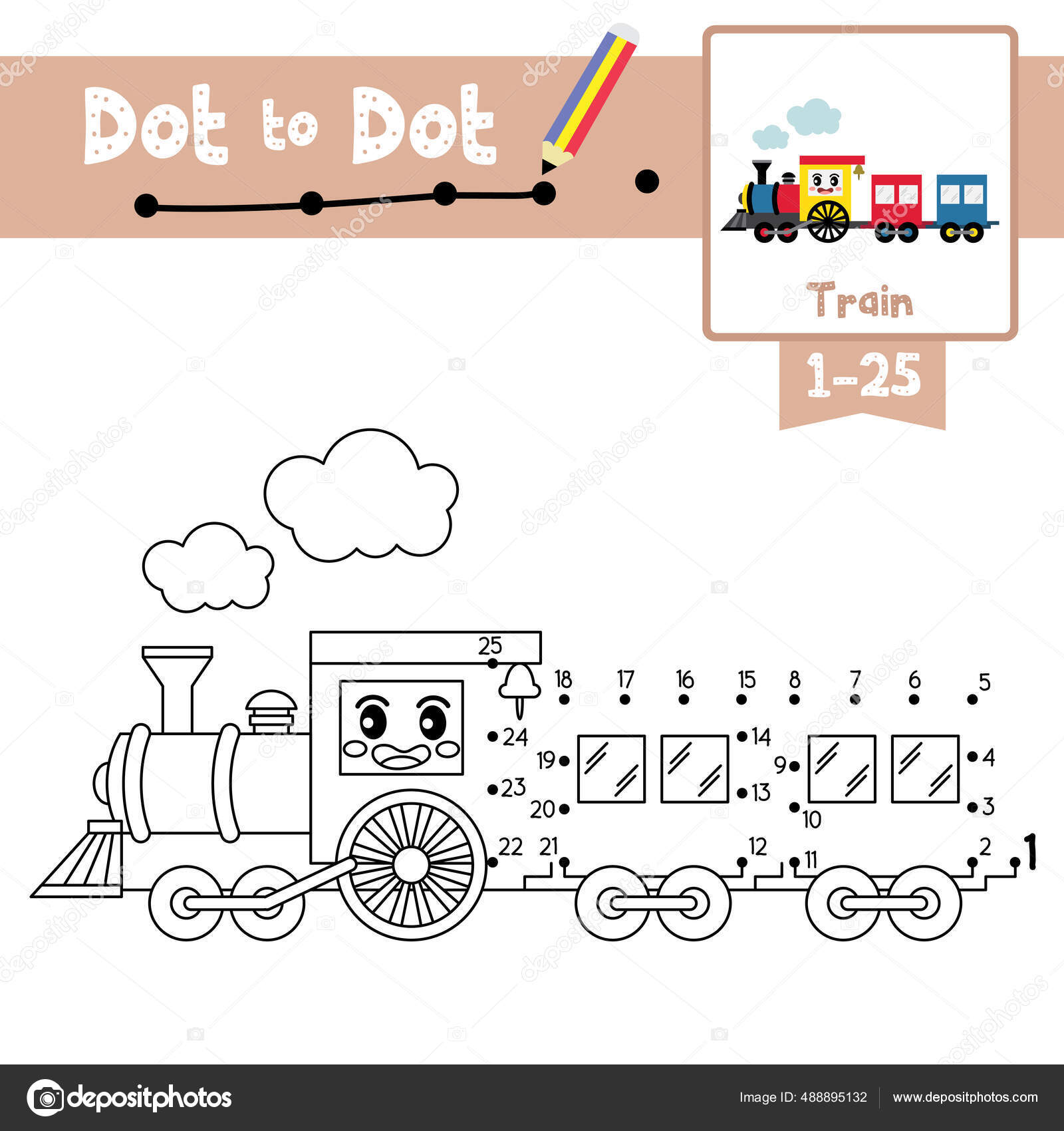 Dot dot educational game coloring book cute train cartoon transportations stock vector by natchapohn