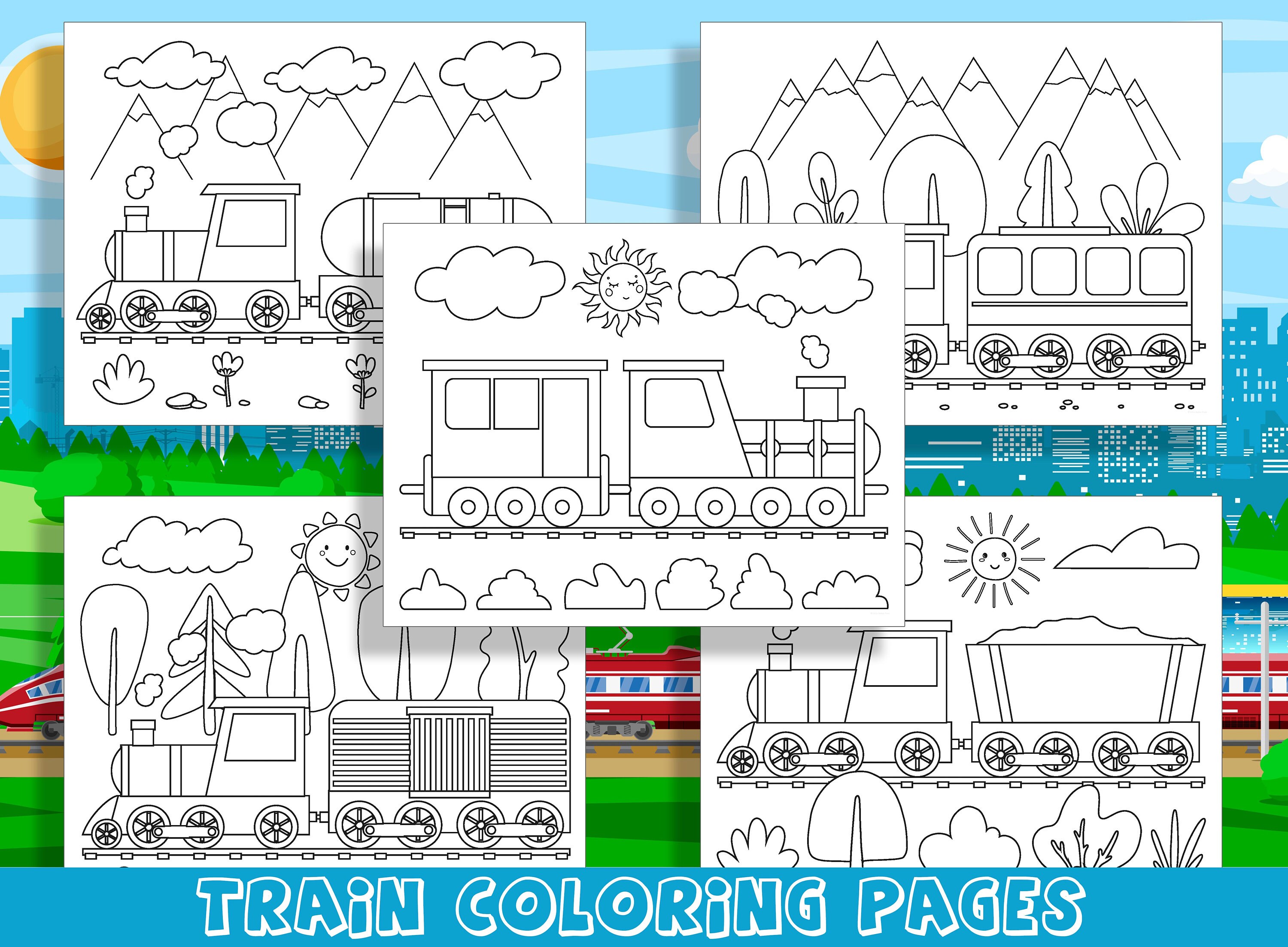 Choo choo all aboard the fun train coloring pages perfect for preschool and kindergarten pages pdf file instant download