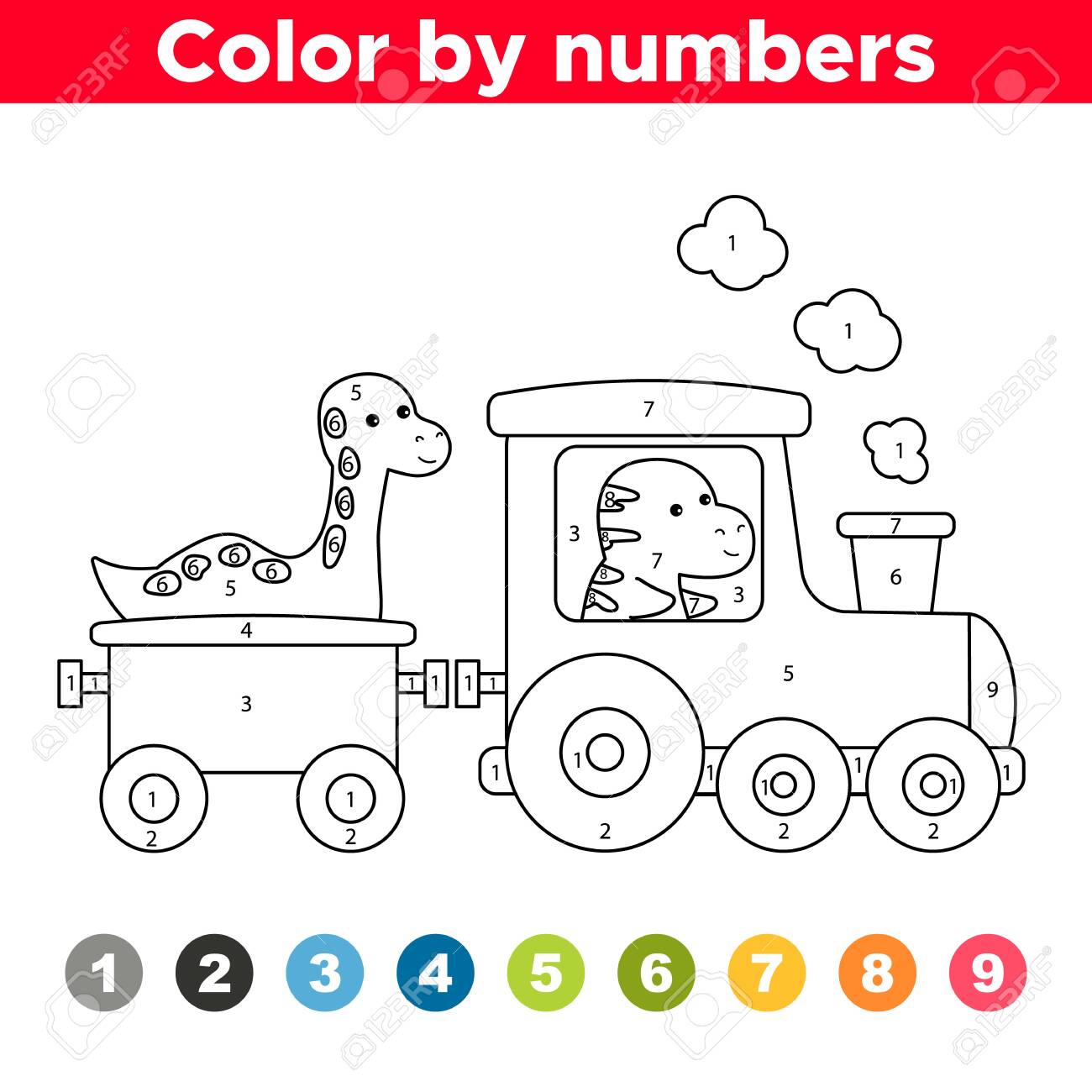 Number coloring page for children cute kawaii dinosaurs in funny train activity worksheet learn numbers and colors royalty free svg cliparts vectors and stock illustration image