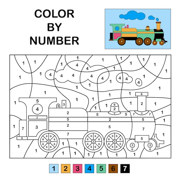 Premium vector colour in the numbers on the green train educational game for kids and teens colouring page
