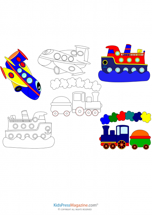 Boats trains and planes coloring page