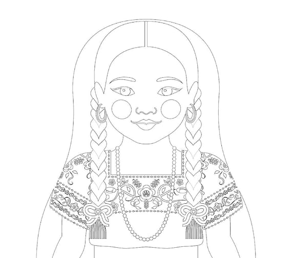 Mexican china poblana coloring sheet printable file traditional folk dress matryoshka doll