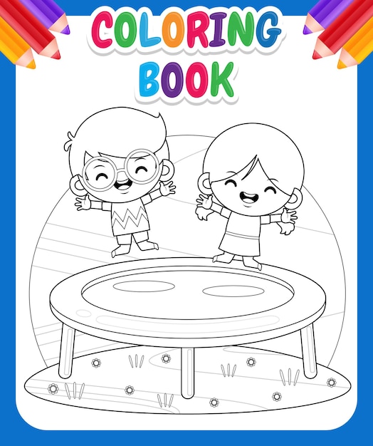 Premium vector coloring book for kids happy children playing trampoline