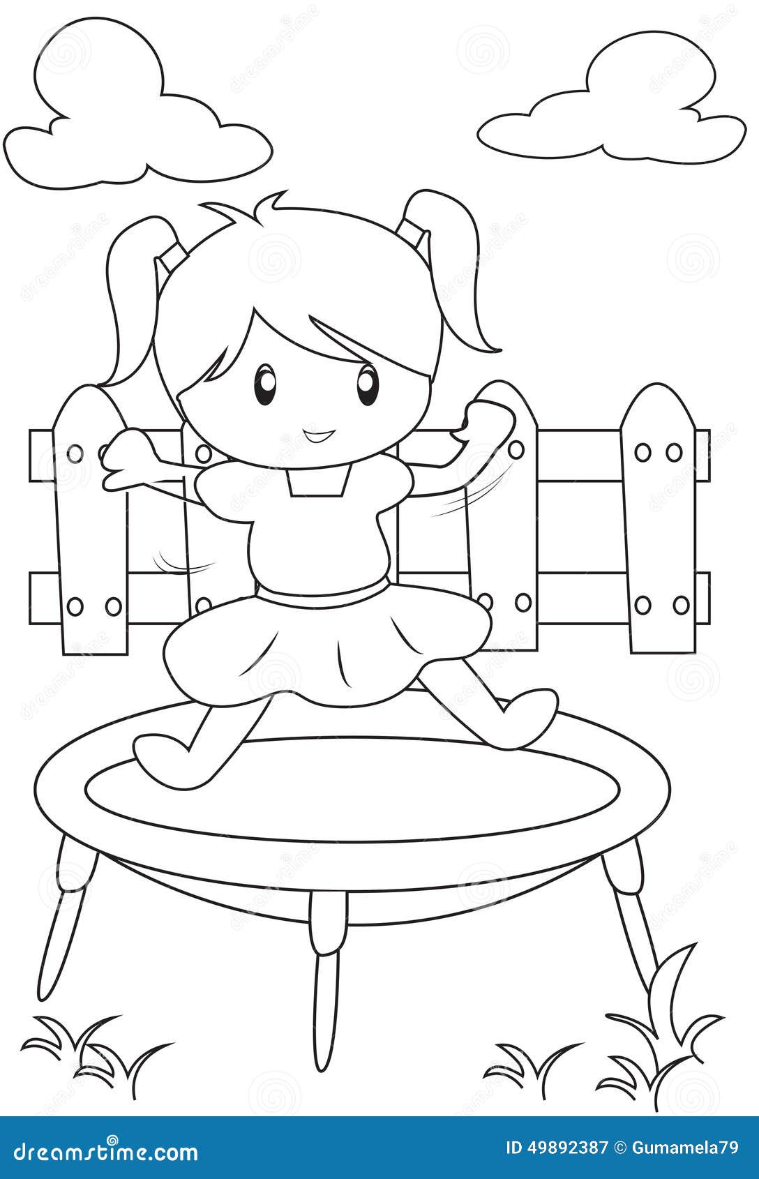 Girl on a trampoline coloring page stock illustration