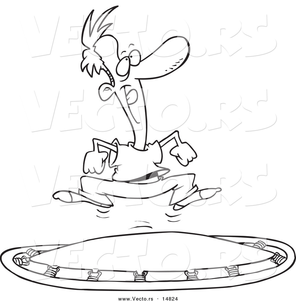 R of a cartoon man jumping on a trampoline