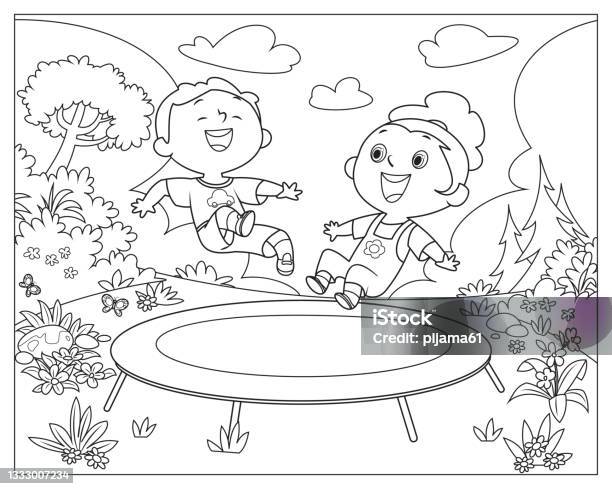 Black and white jumping kidsoutdoor stock illustration