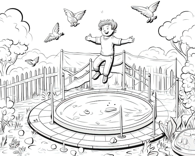 Premium ai image kid jumping on trampoline coloring page in the style of editorial illustrations
