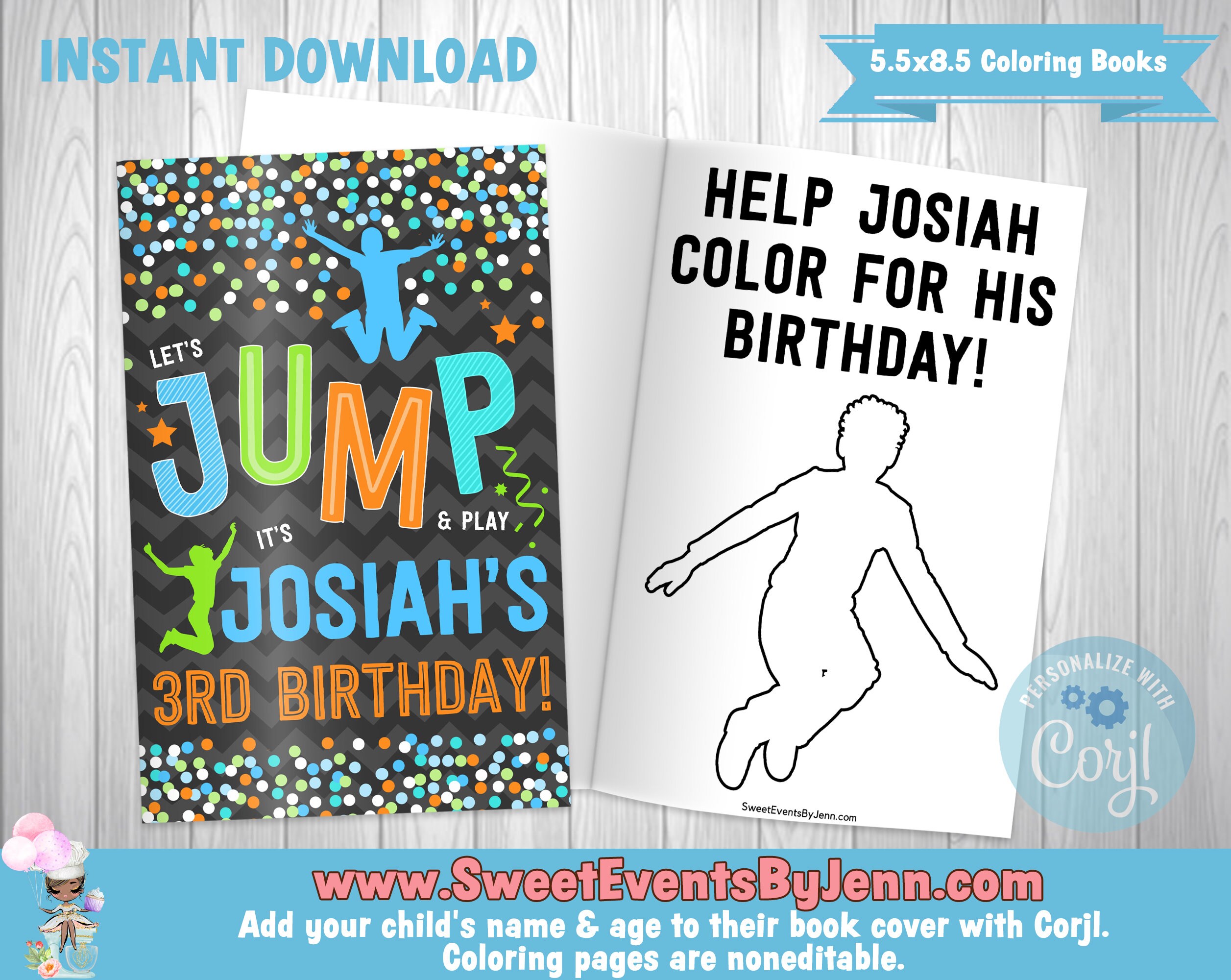 Jump party coloring book printable book instant download corjl editable cover pages trampoline party bounce house party