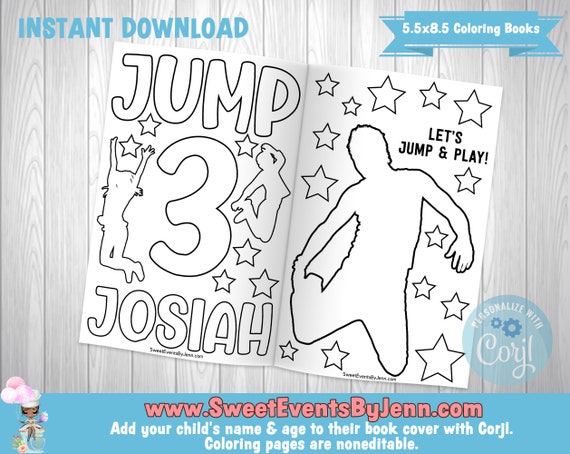 Jump party coloring book printable book instant download corjl editable cover pages trampoline party bounce house party
